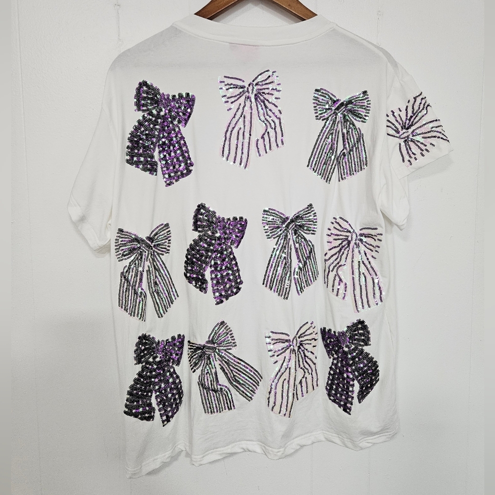 QUEEN OF SPARKLES White Short Sleeve Tee with Purple Sequin Bows - Picture 4 of 9